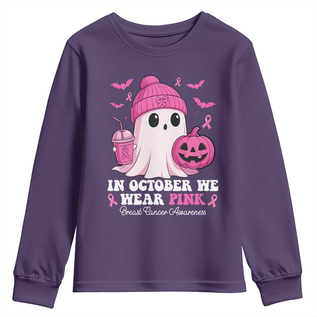 In October We Wear Pink Ghost Youth Sweatshirt Halloween Breast Cancer Pink Ribbon Pumpkin - Wonder Print Shop