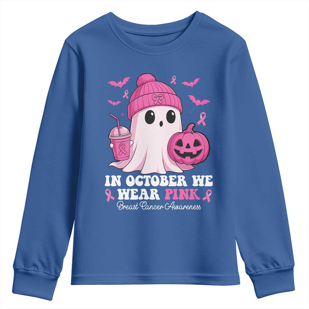 In October We Wear Pink Ghost Youth Sweatshirt Halloween Breast Cancer Pink Ribbon Pumpkin - Wonder Print Shop