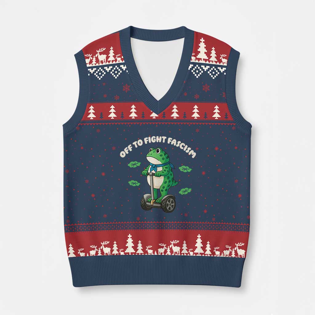 Portland Frog V-Neck Knit Sweater Vest Off to Fight Fascism Inflatable Costume Protest - Wonder Print Shop