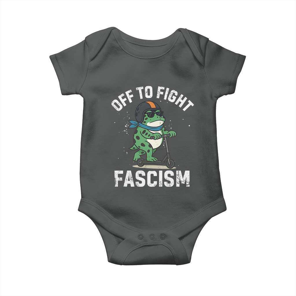 Portland Frog Resist Protest Baby Onesie Off to Fight Fascism Frog Scooter - Wonder Print Shop