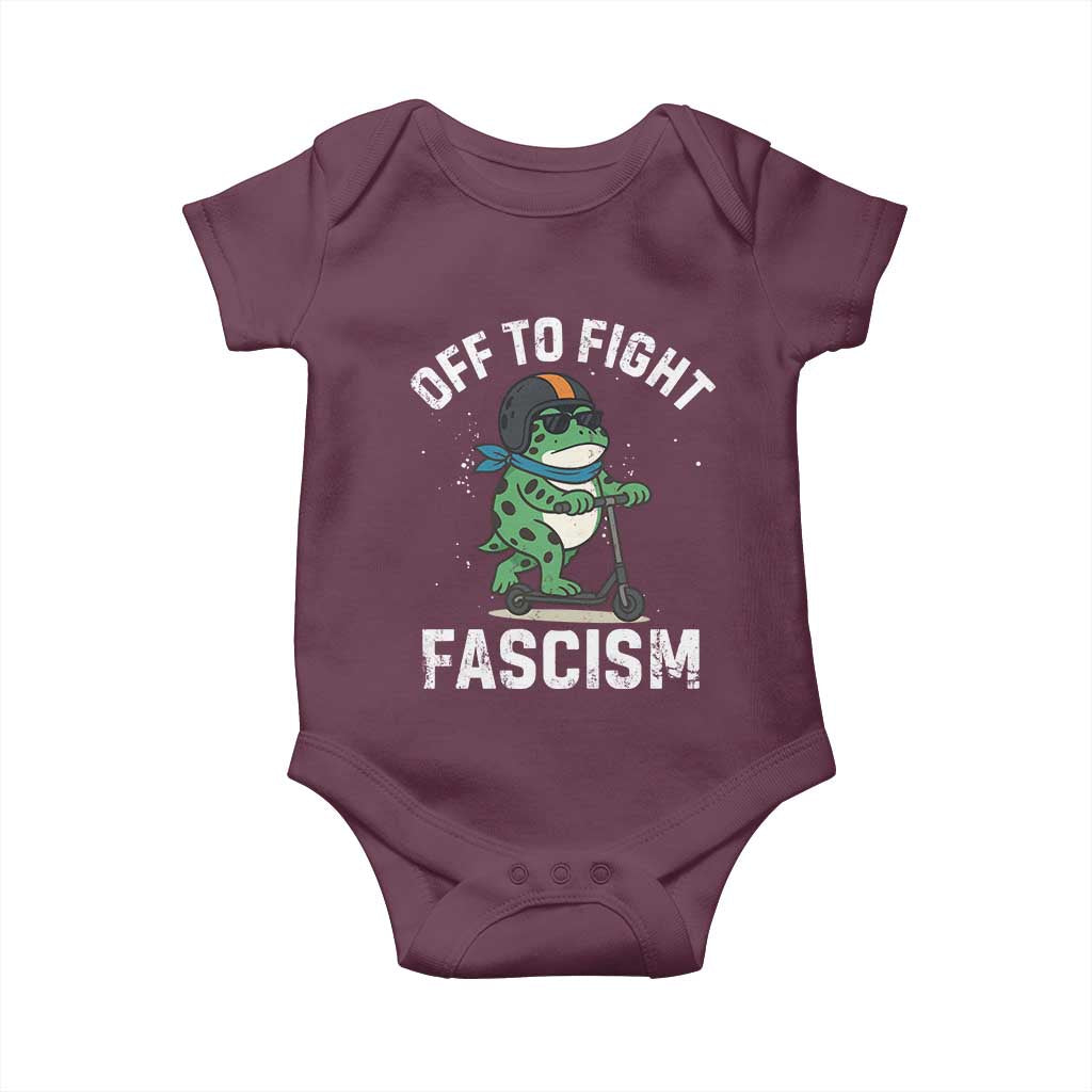 Portland Frog Resist Protest Baby Onesie Off to Fight Fascism Frog Scooter - Wonder Print Shop