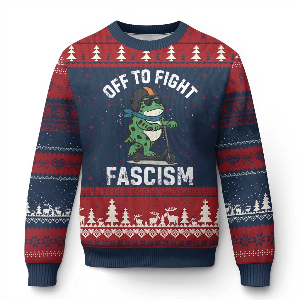 Portland Frog Resist Protest Ugly Christmas Sweater Off to Fight Fascism Frog Scooter - Wonder Print Shop