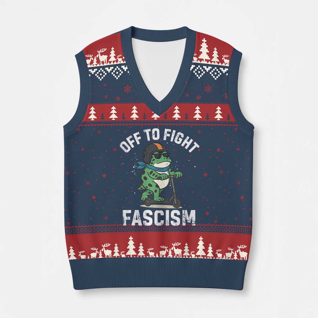 Portland Frog Resist Protest V-Neck Knit Sweater Vest Off to Fight Fascism Frog Scooter - Wonder Print Shop