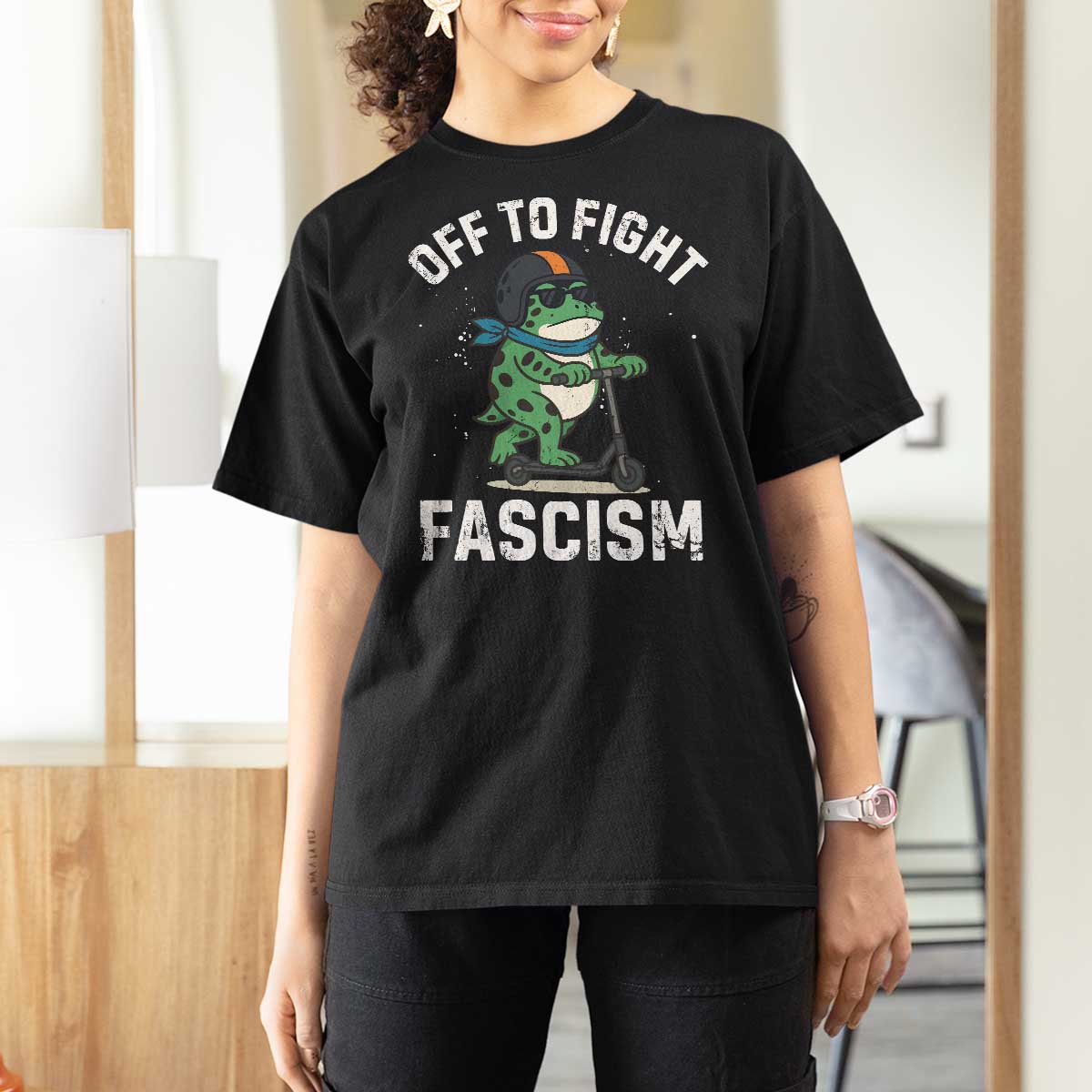 Portland Frog Resist Protest T Shirt For Women Off to Fight Fascism Frog Scooter - Wonder Print Shop