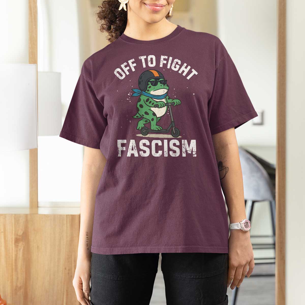 Portland Frog Resist Protest T Shirt For Women Off to Fight Fascism Frog Scooter - Wonder Print Shop