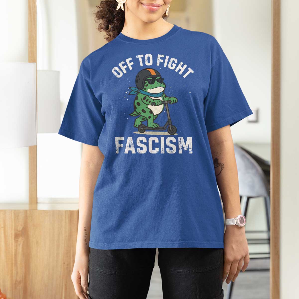 Portland Frog Resist Protest T Shirt For Women Off to Fight Fascism Frog Scooter - Wonder Print Shop