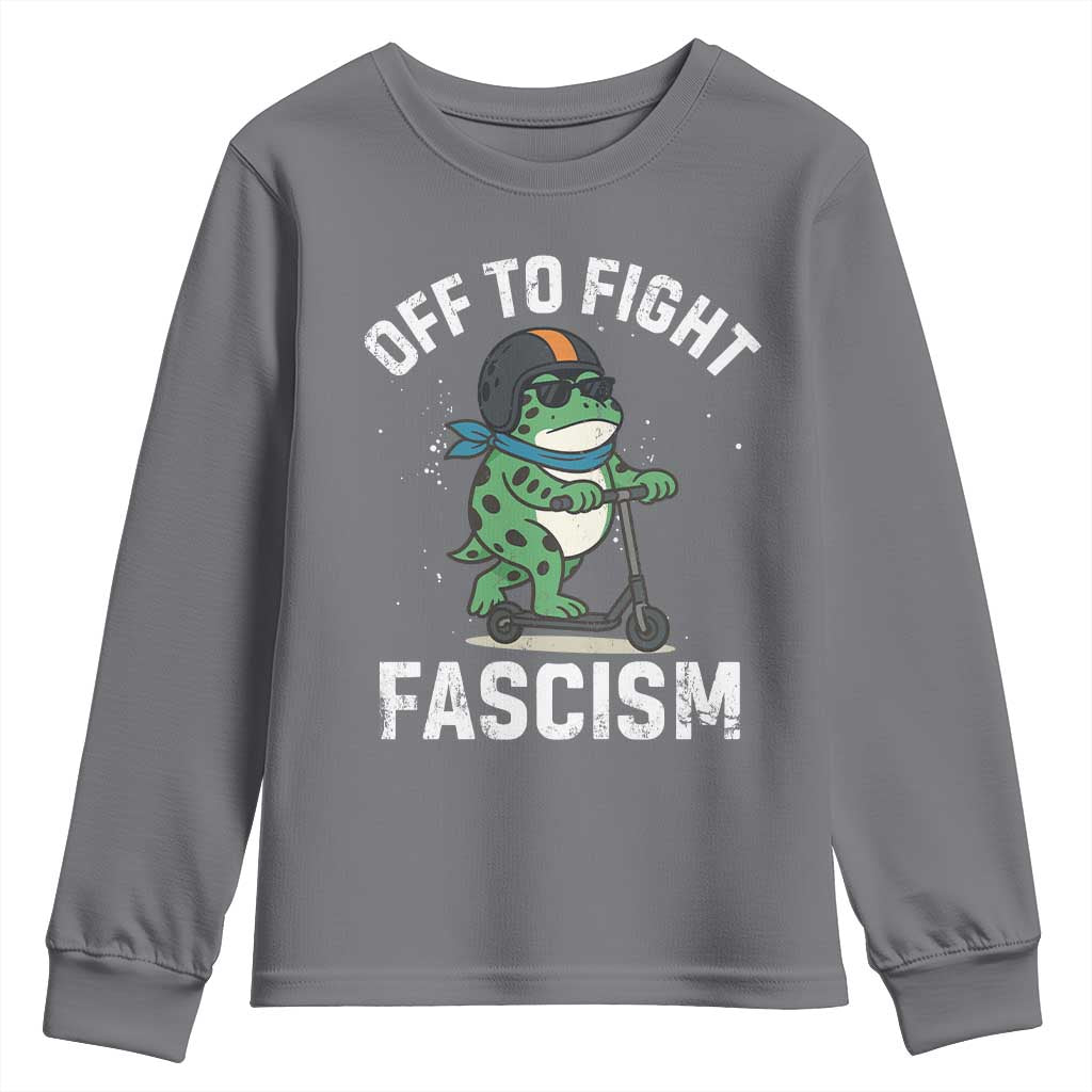 Portland Frog Resist Protest Youth Sweatshirt Off to Fight Fascism Frog Scooter - Wonder Print Shop