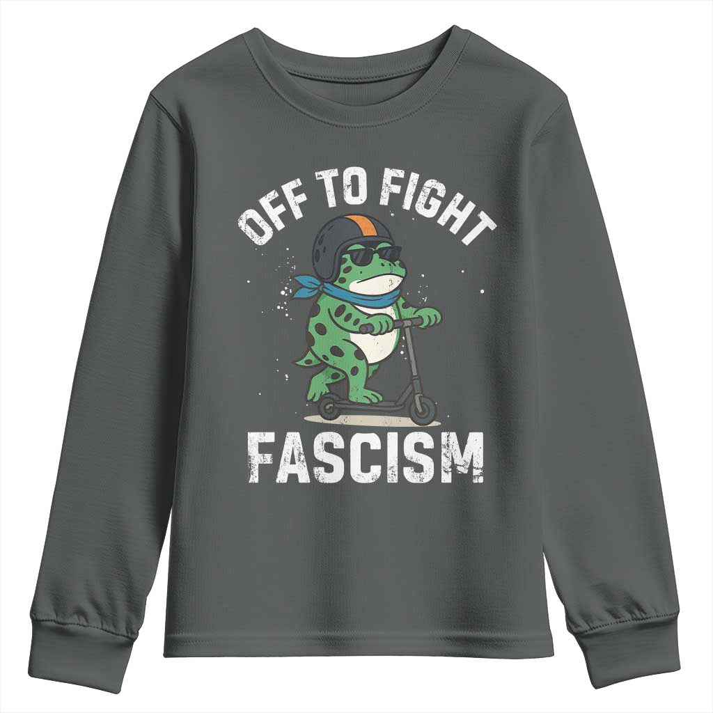 Portland Frog Resist Protest Youth Sweatshirt Off to Fight Fascism Frog Scooter - Wonder Print Shop