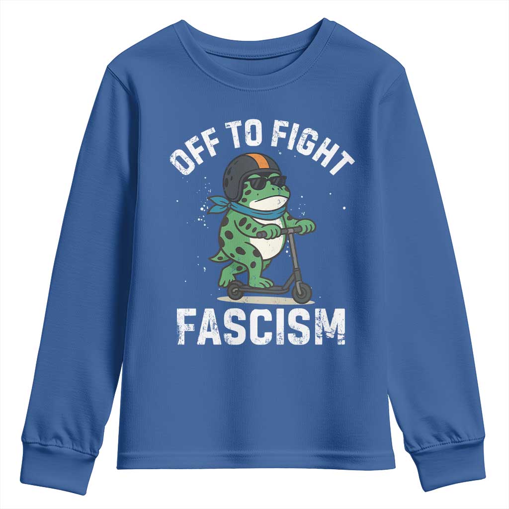 Portland Frog Resist Protest Youth Sweatshirt Off to Fight Fascism Frog Scooter - Wonder Print Shop