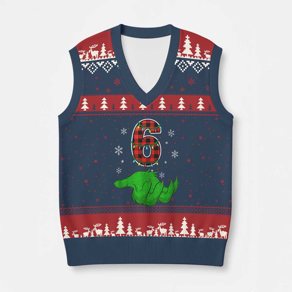 Number 6 Matching 67 Xmas V-Neck Knit Sweater Vest Red Plaid Xmas Pajamas Holiday Gen Alpha Slang Meme - Wonder Print Shop