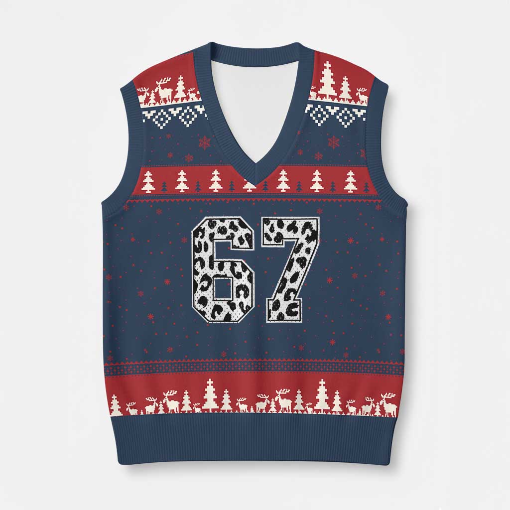 67 Jersey Number V-Neck Knit Sweater Vest Funny Six Seven Meme Y2k Leopard Number - Wonder Print Shop