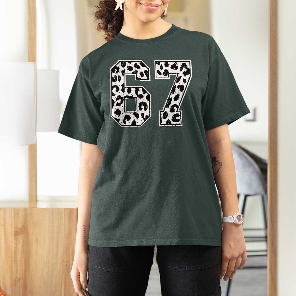 67 Jersey Number T Shirt For Women Funny Six Seven Meme Y2k Leopard Number - Wonder Print Shop