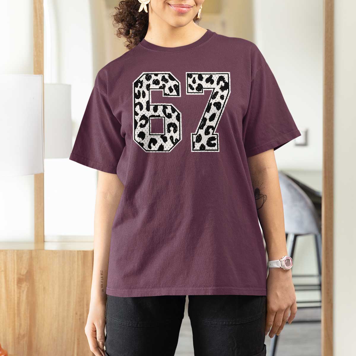 67 Jersey Number T Shirt For Women Funny Six Seven Meme Y2k Leopard Number - Wonder Print Shop
