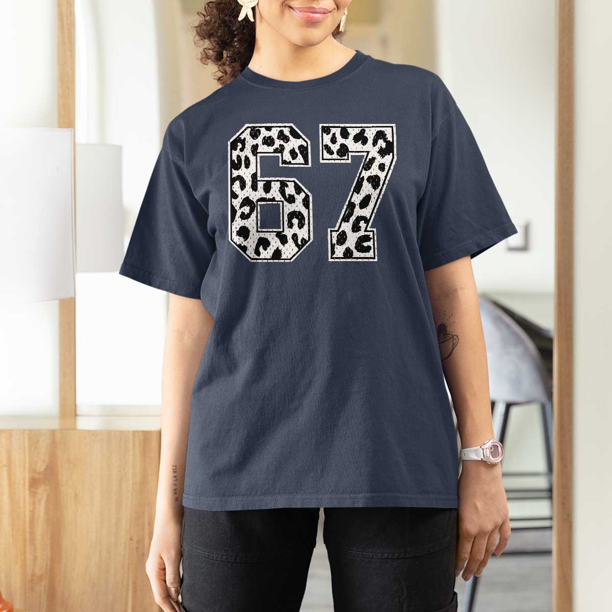 67 Jersey Number T Shirt For Women Funny Six Seven Meme Y2k Leopard Number - Wonder Print Shop