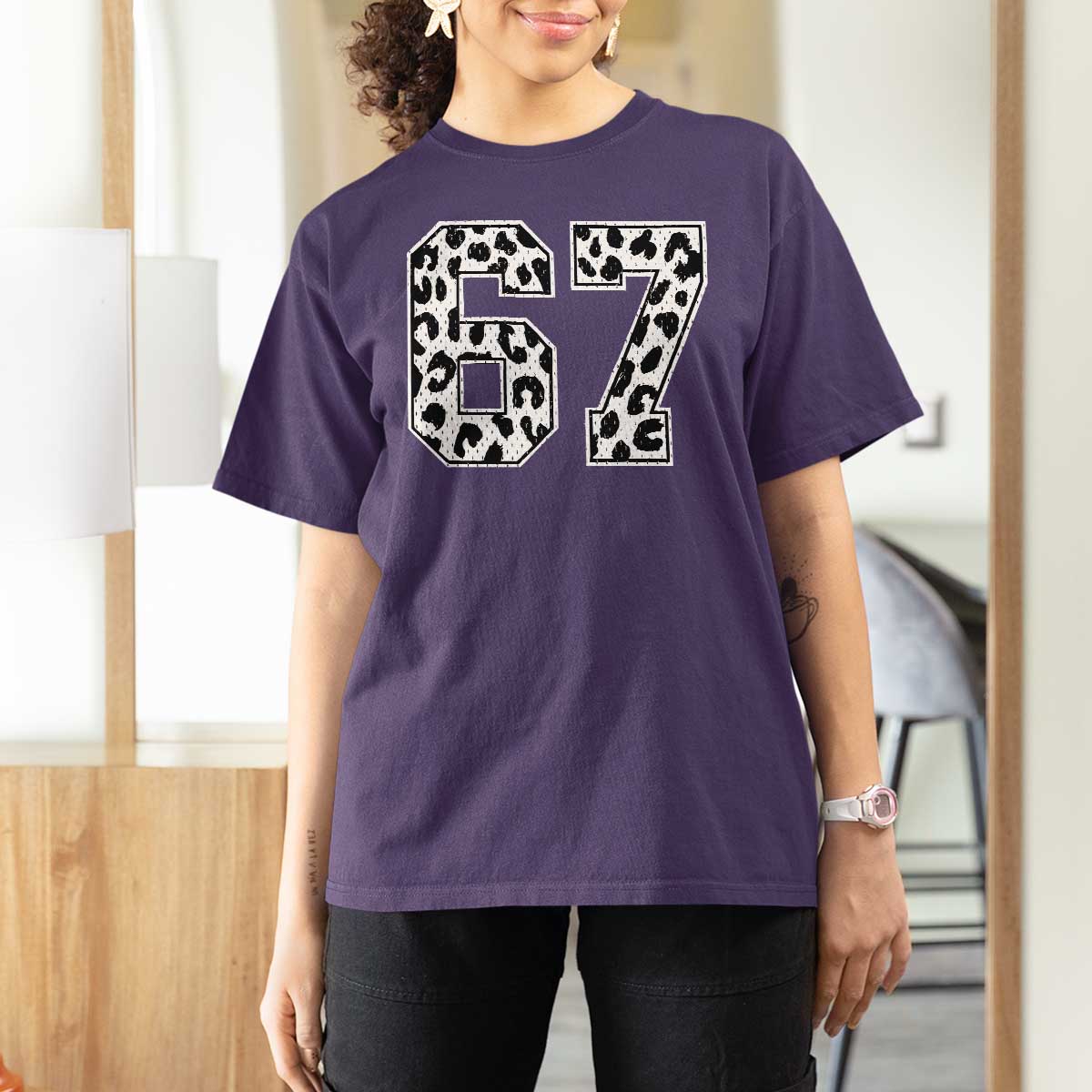 67 Jersey Number T Shirt For Women Funny Six Seven Meme Y2k Leopard Number - Wonder Print Shop