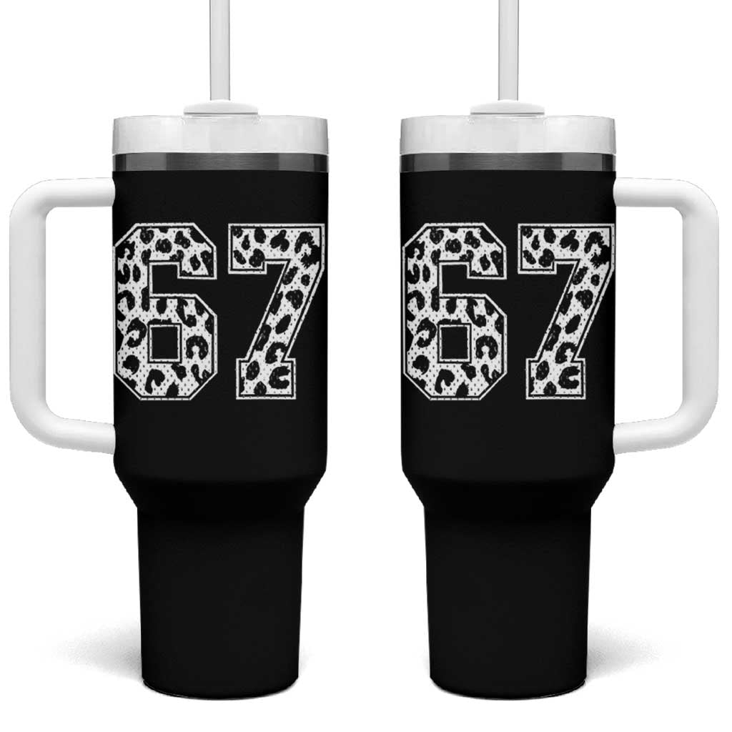 67 Jersey Number Tumbler With Handle Funny Six Seven Meme Y2k Leopard Number - Wonder Print Shop