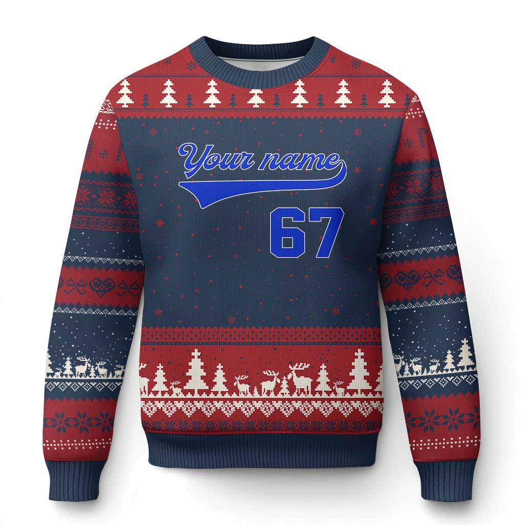 Personalized 67 Jersey Number Ugly Christmas Sweater Custom Name Numbered Uniform Sports Team 67th Birthday - Wonder Print Shop