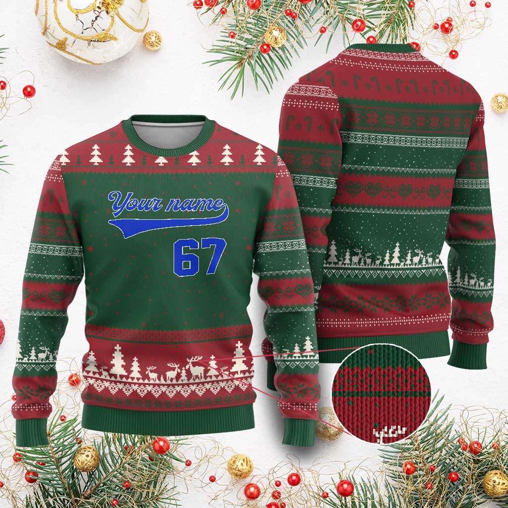 Personalized 67 Jersey Number Ugly Christmas Sweater Custom Name Numbered Uniform Sports Team 67th Birthday - Wonder Print Shop