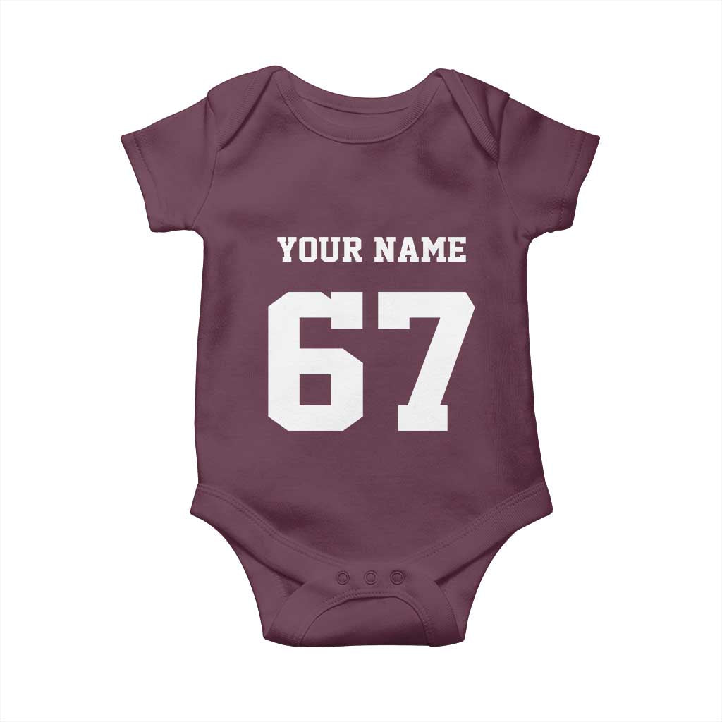 Personalized 67 Jersey Number Baby Onesie Custom Name Varsity Sports 67th Birthday - Wonder Print Shop