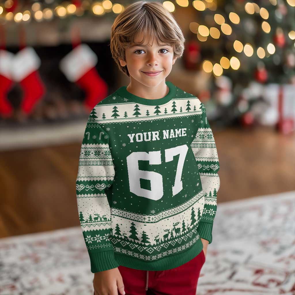 Personalized 67 Jersey Number Ugly Christmas Sweater Custom Name Varsity Sports 67th Birthday - Wonder Print Shop