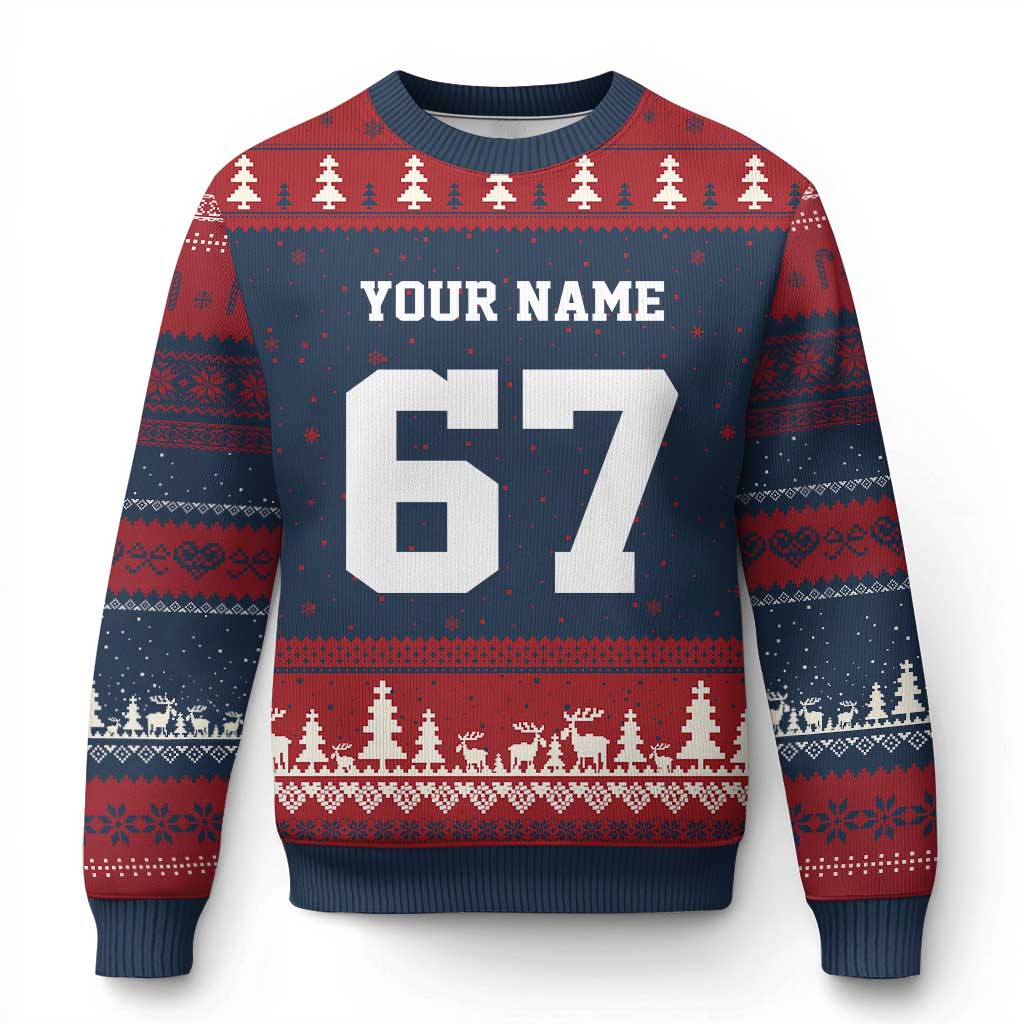 Personalized 67 Jersey Number Ugly Christmas Sweater Custom Name Varsity Sports 67th Birthday - Wonder Print Shop