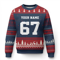 Personalized 67 Jersey Number Ugly Christmas Sweater Custom Name Varsity Sports 67th Birthday - Wonder Print Shop