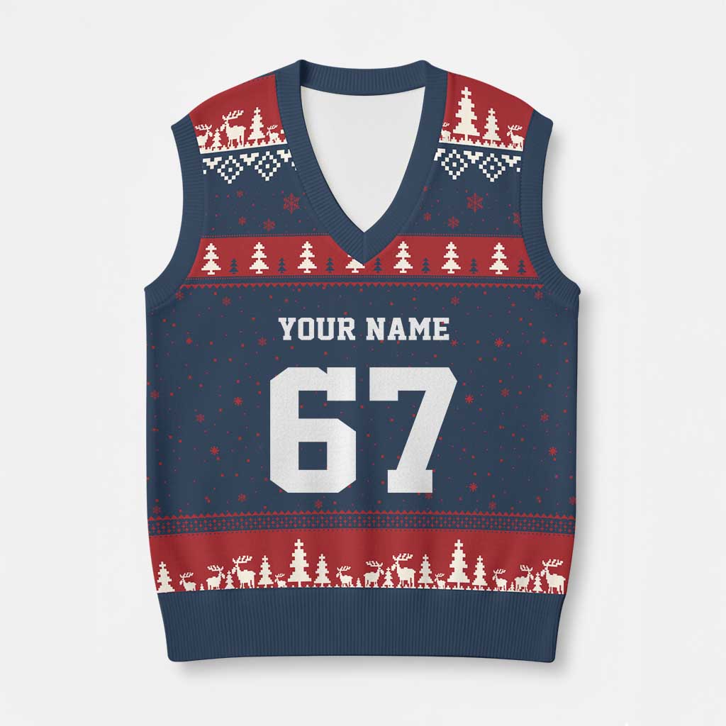 Personalized 67 Jersey Number V-Neck Knit Sweater Vest Custom Name Varsity Sports 67th Birthday - Wonder Print Shop