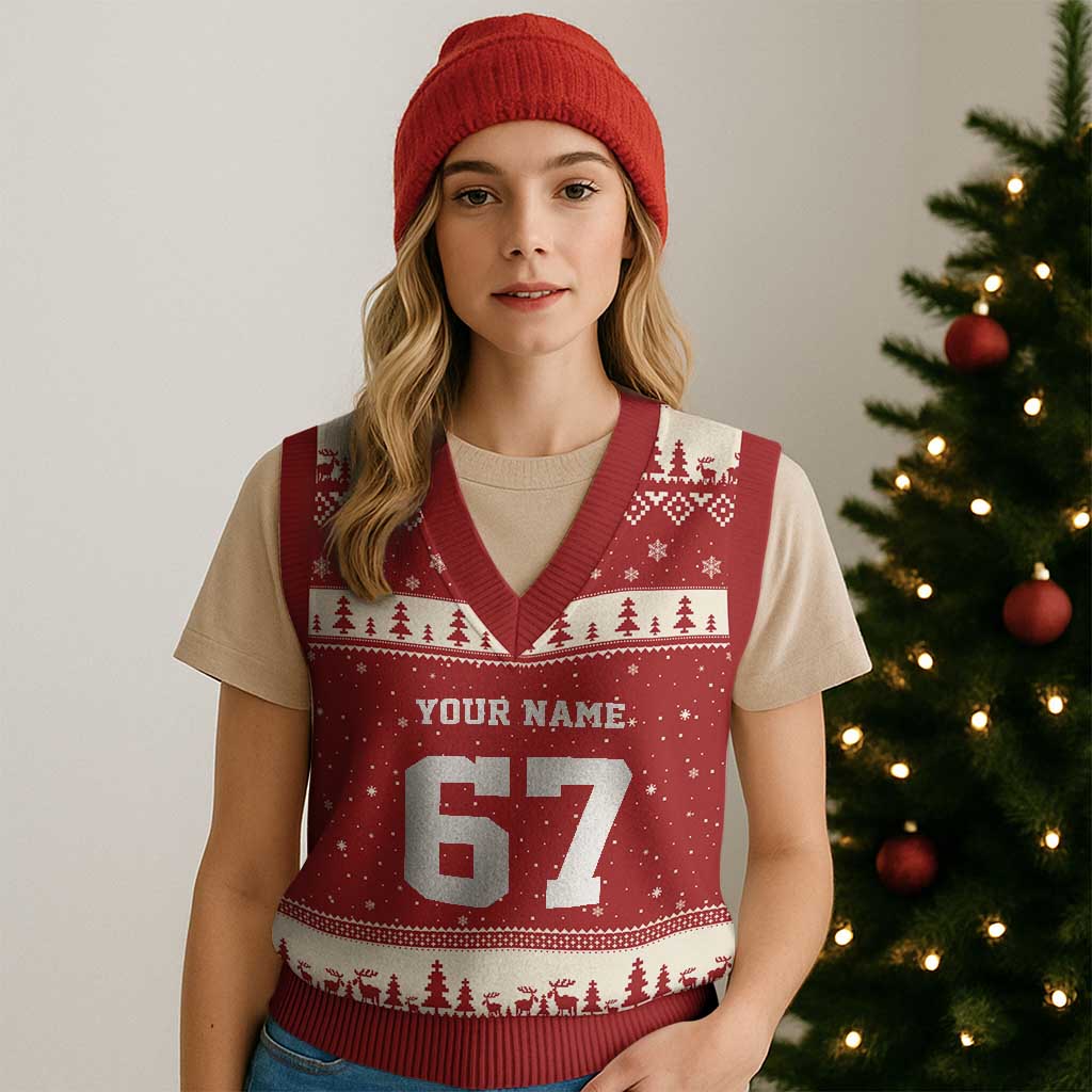 Personalized 67 Jersey Number V-Neck Knit Sweater Vest Custom Name Varsity Sports 67th Birthday - Wonder Print Shop