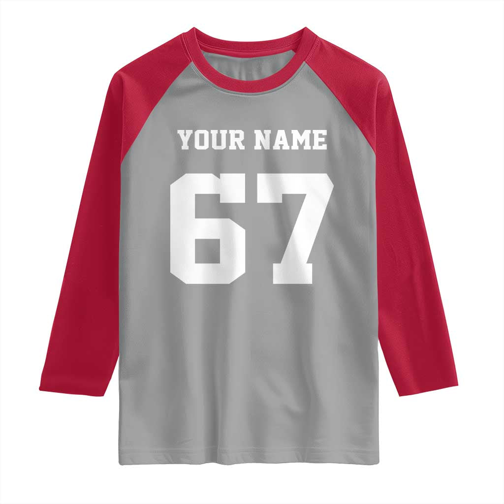 Personalized 67 Jersey Number Raglan Shirt Custom Name Varsity Sports 67th Birthday - Wonder Print Shop
