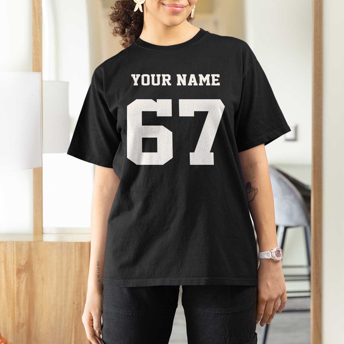 Personalized 67 Jersey Number T Shirt For Women Custom Name Varsity Sports 67th Birthday - Wonder Print Shop