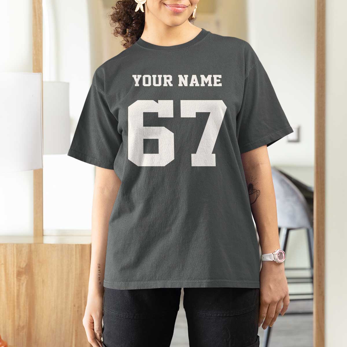 Personalized 67 Jersey Number T Shirt For Women Custom Name Varsity Sports 67th Birthday - Wonder Print Shop