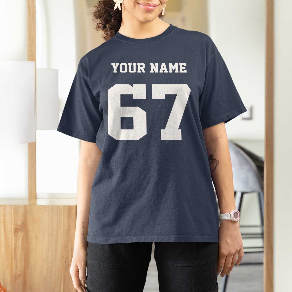 Personalized 67 Jersey Number T Shirt For Women Custom Name Varsity Sports 67th Birthday - Wonder Print Shop