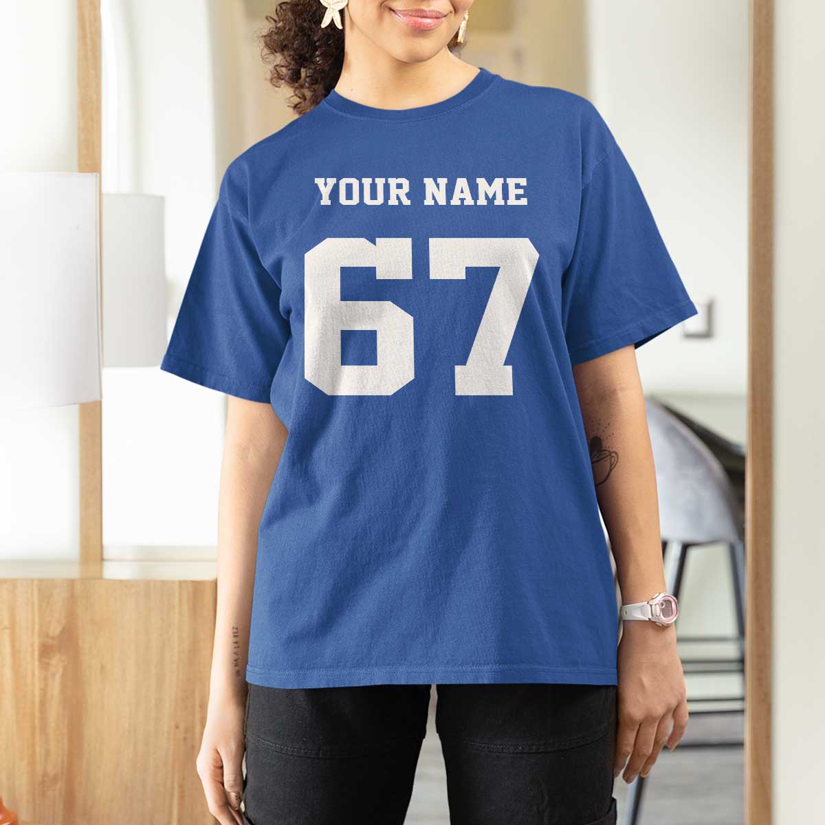 Personalized 67 Jersey Number T Shirt For Women Custom Name Varsity Sports 67th Birthday - Wonder Print Shop