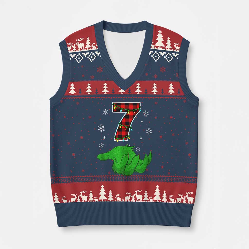 Number 7 Matching 67 Xmas V-Neck Knit Sweater Vest Red Plaid Xmas Pajamas Holiday Gen Alpha Slang Meme - Wonder Print Shop