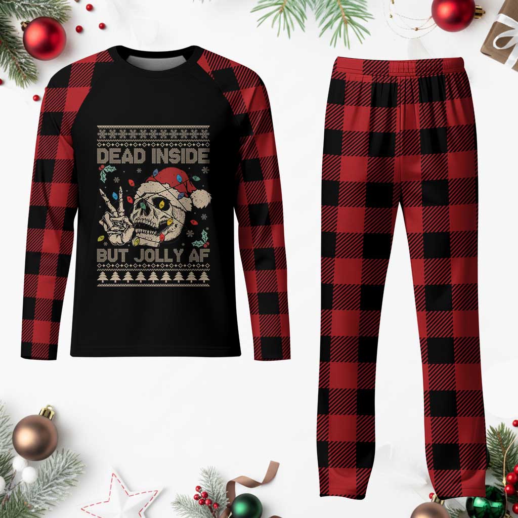Funny Ugly Christmas Plaid Pajama Set Dead Inside But Jolly AF Festive Sarcastic Snarky Skeleton Skull - Wonder Print Shop
