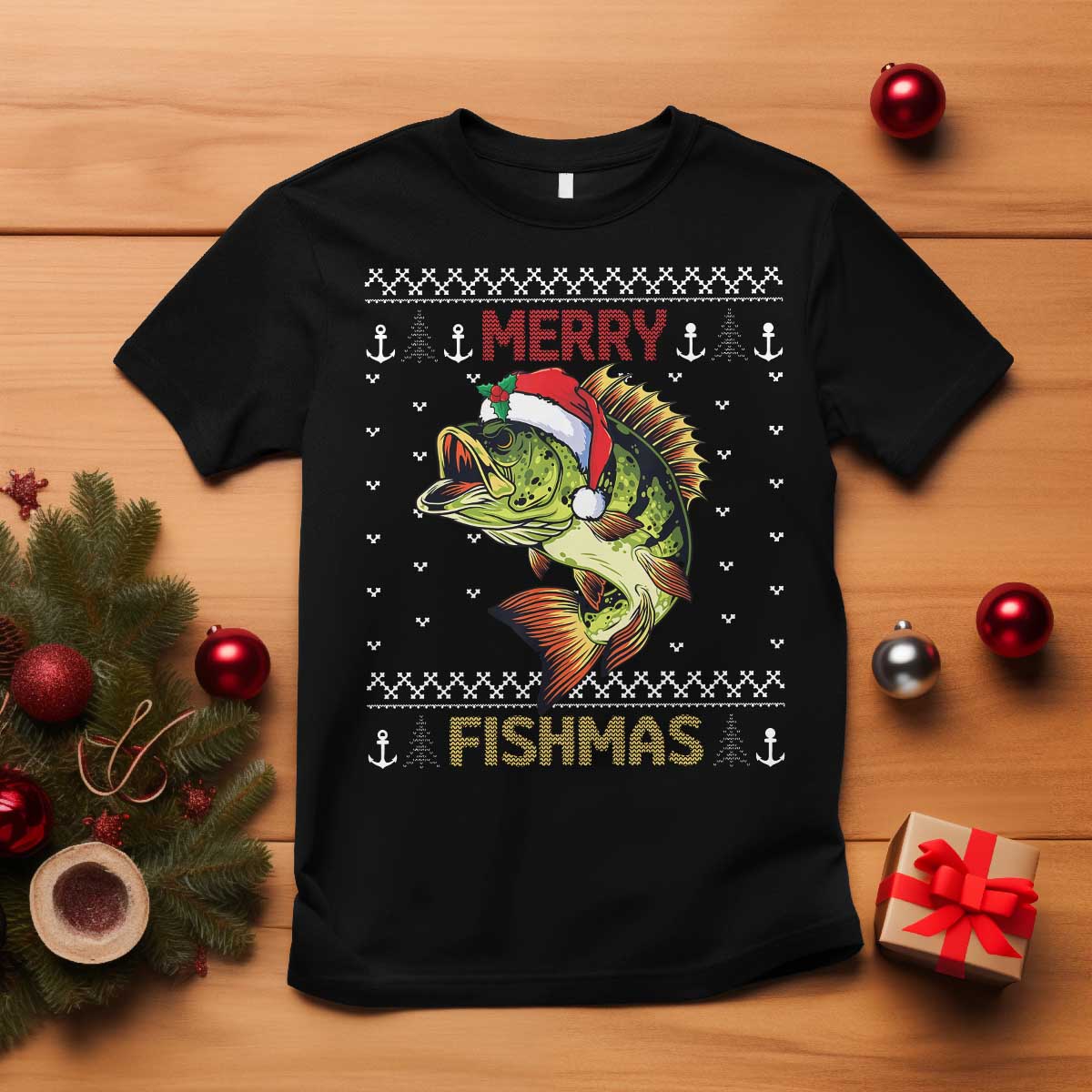 Fishing Christmas T Shirt Merry Fishmas Bass Fish Ugly Sweater - Wonder Print Shop