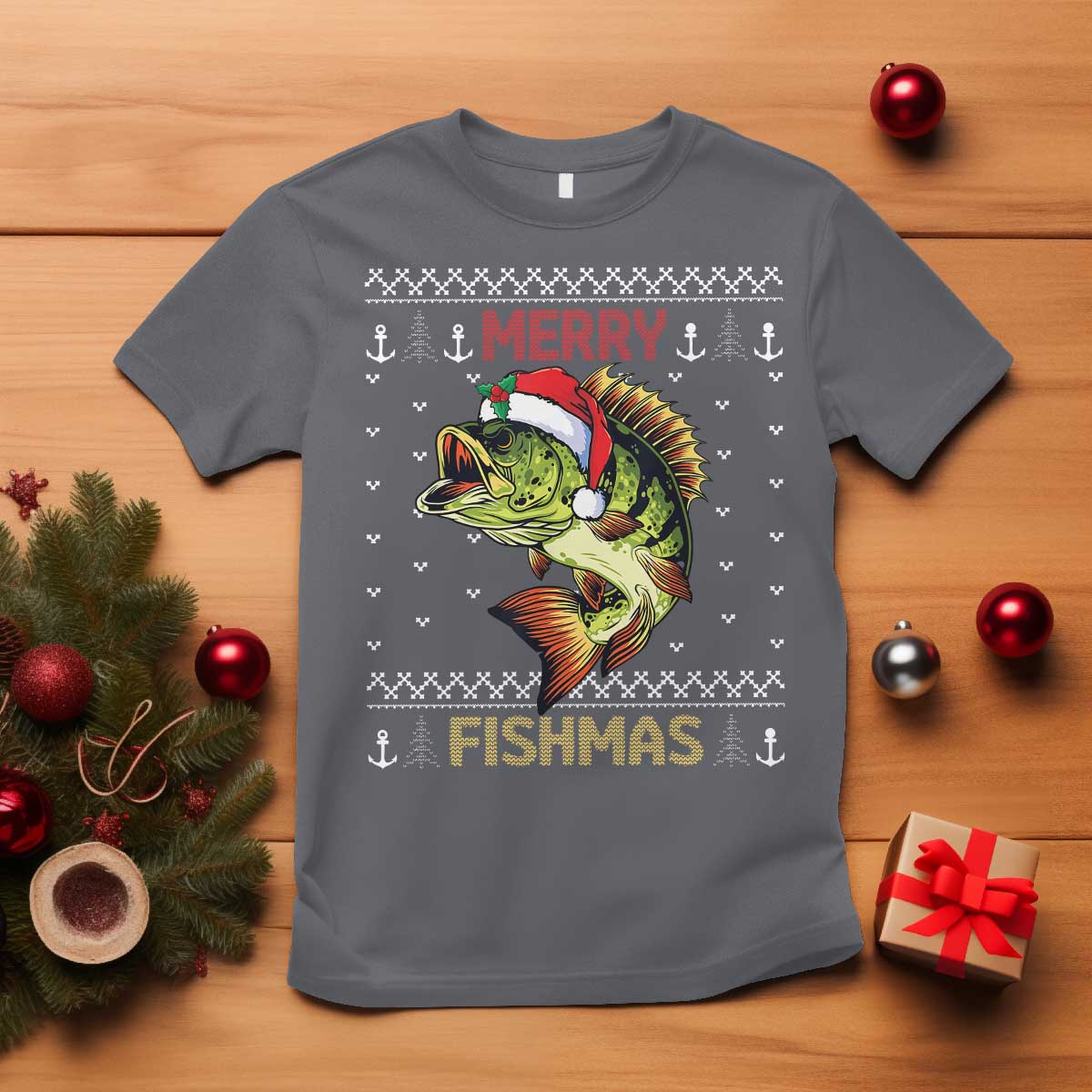 Fishing Christmas T Shirt Merry Fishmas Bass Fish Ugly Sweater - Wonder Print Shop