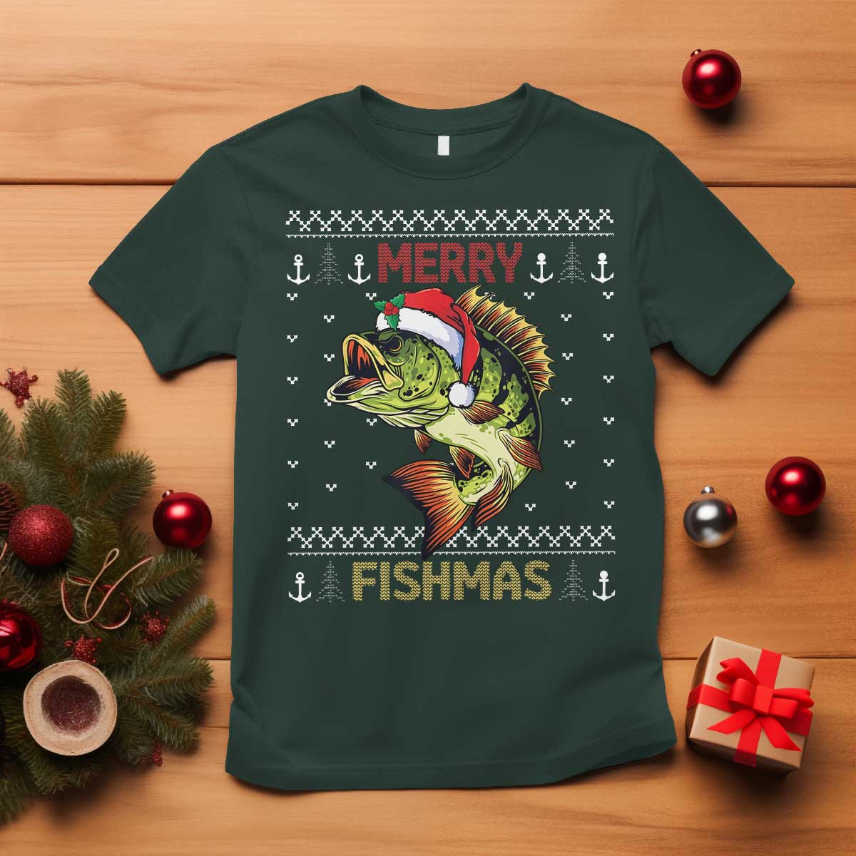 Fishing Christmas T Shirt Merry Fishmas Bass Fish Ugly Sweater - Wonder Print Shop