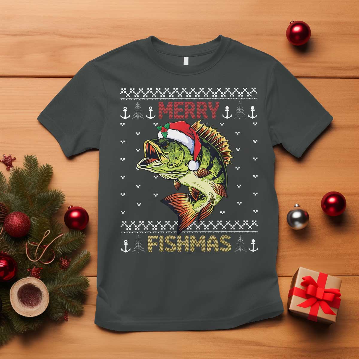 Fishing Christmas T Shirt Merry Fishmas Bass Fish Ugly Sweater - Wonder Print Shop