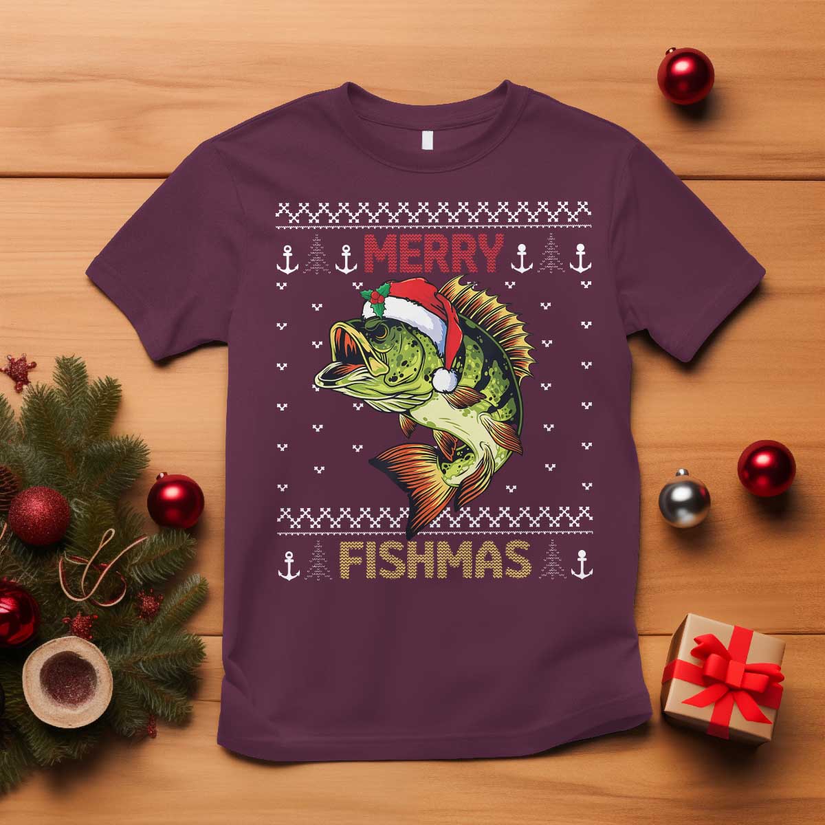 Fishing Christmas T Shirt Merry Fishmas Bass Fish Ugly Sweater - Wonder Print Shop