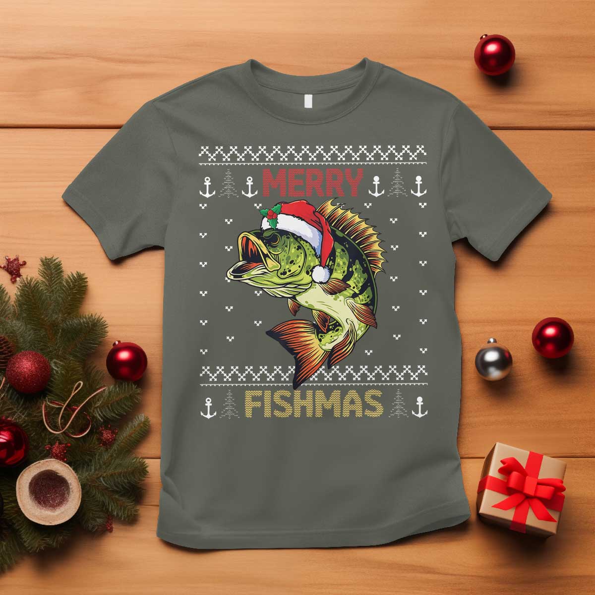 Fishing Christmas T Shirt Merry Fishmas Bass Fish Ugly Sweater - Wonder Print Shop