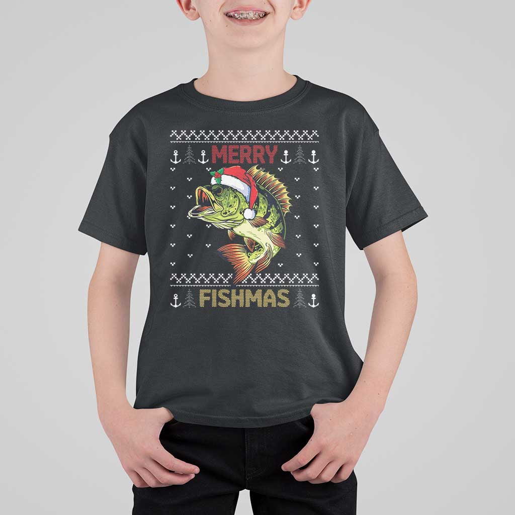 Fishing Christmas T Shirt For Kid Merry Fishmas Bass Fish Ugly Sweater - Wonder Print Shop