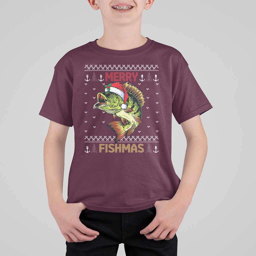 Fishing Christmas T Shirt For Kid Merry Fishmas Bass Fish Ugly Sweater - Wonder Print Shop