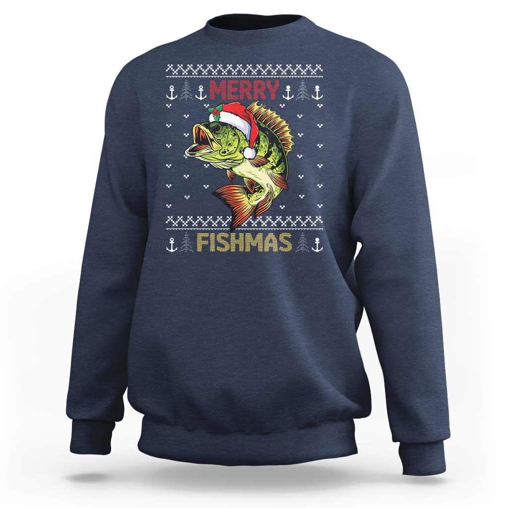 Fishing Christmas Sweatshirt Merry Fishmas Bass Fish Ugly Sweater - Wonder Print Shop