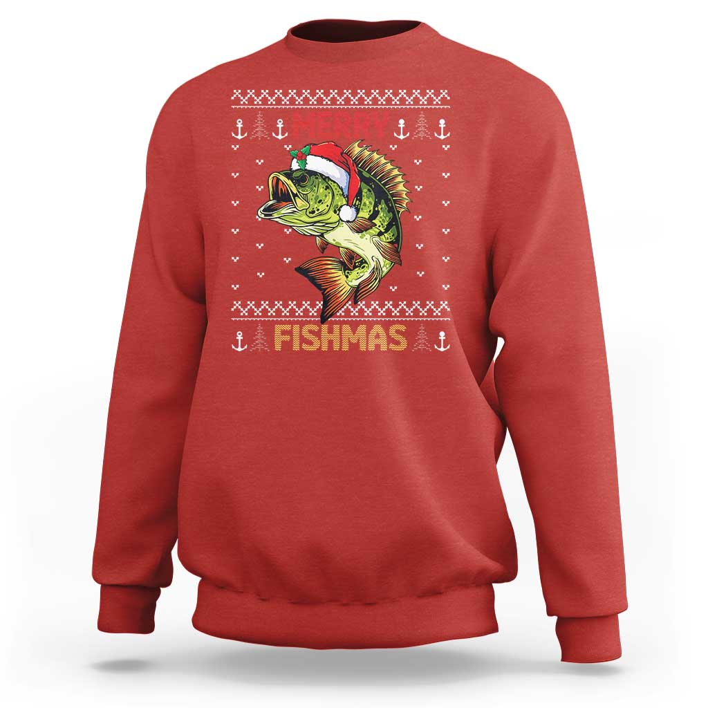 Fishing Christmas Sweatshirt Merry Fishmas Bass Fish Ugly Sweater - Wonder Print Shop