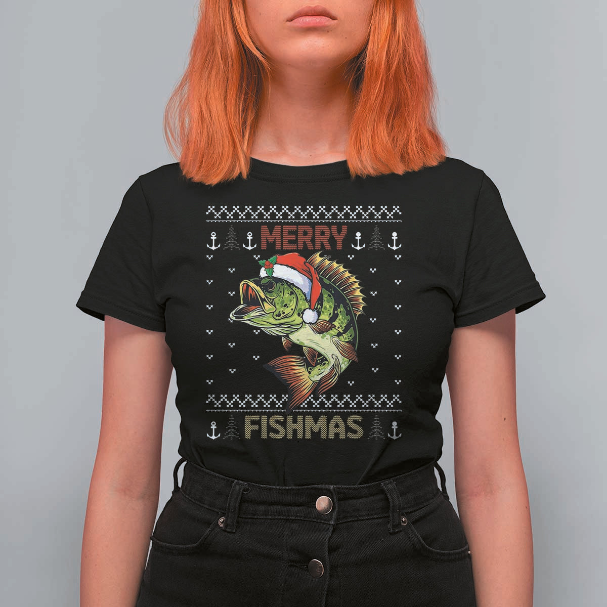 Fishing Christmas T Shirt For Women Merry Fishmas Bass Fish Ugly Sweater - Wonder Print Shop
