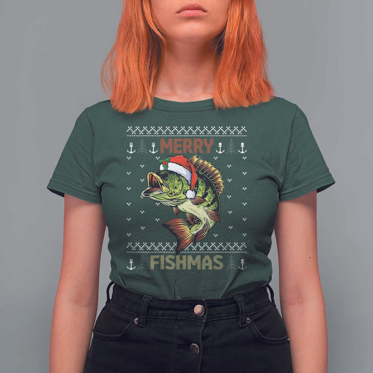 Fishing Christmas T Shirt For Women Merry Fishmas Bass Fish Ugly Sweater - Wonder Print Shop