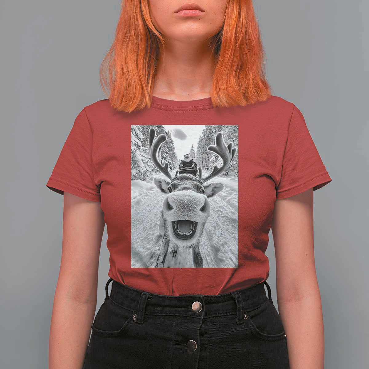 Funny Reindeer Selfie Christmas T Shirt For Women - Wonder Print Shop