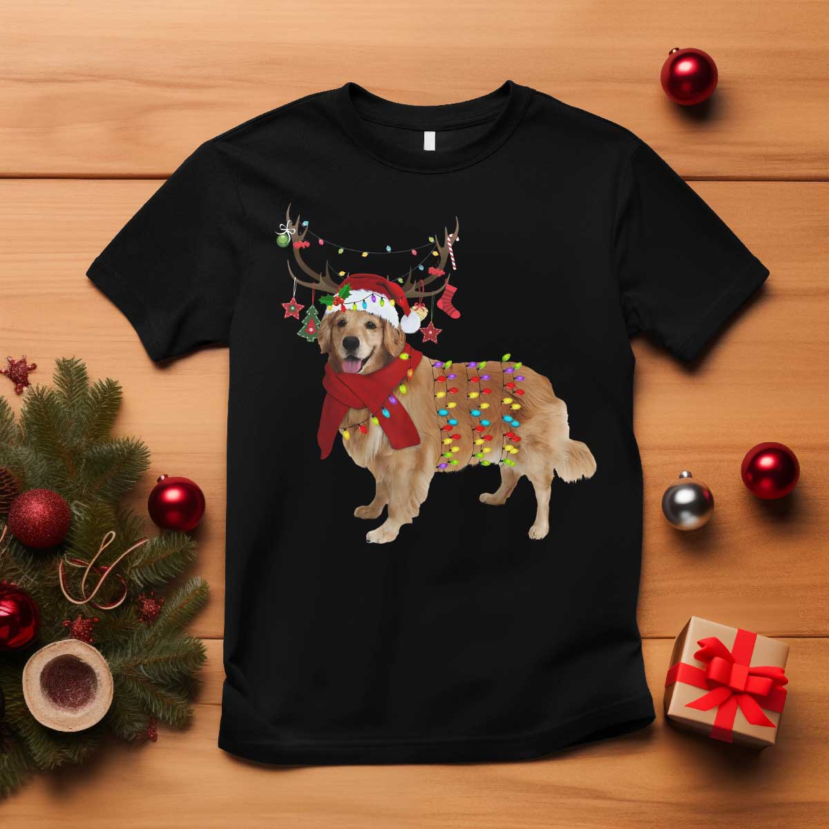 Golden Retriever Christmas T Shirt Gift for Dog Lover Happy New Year Xmas Lights - Wonder Print Shop