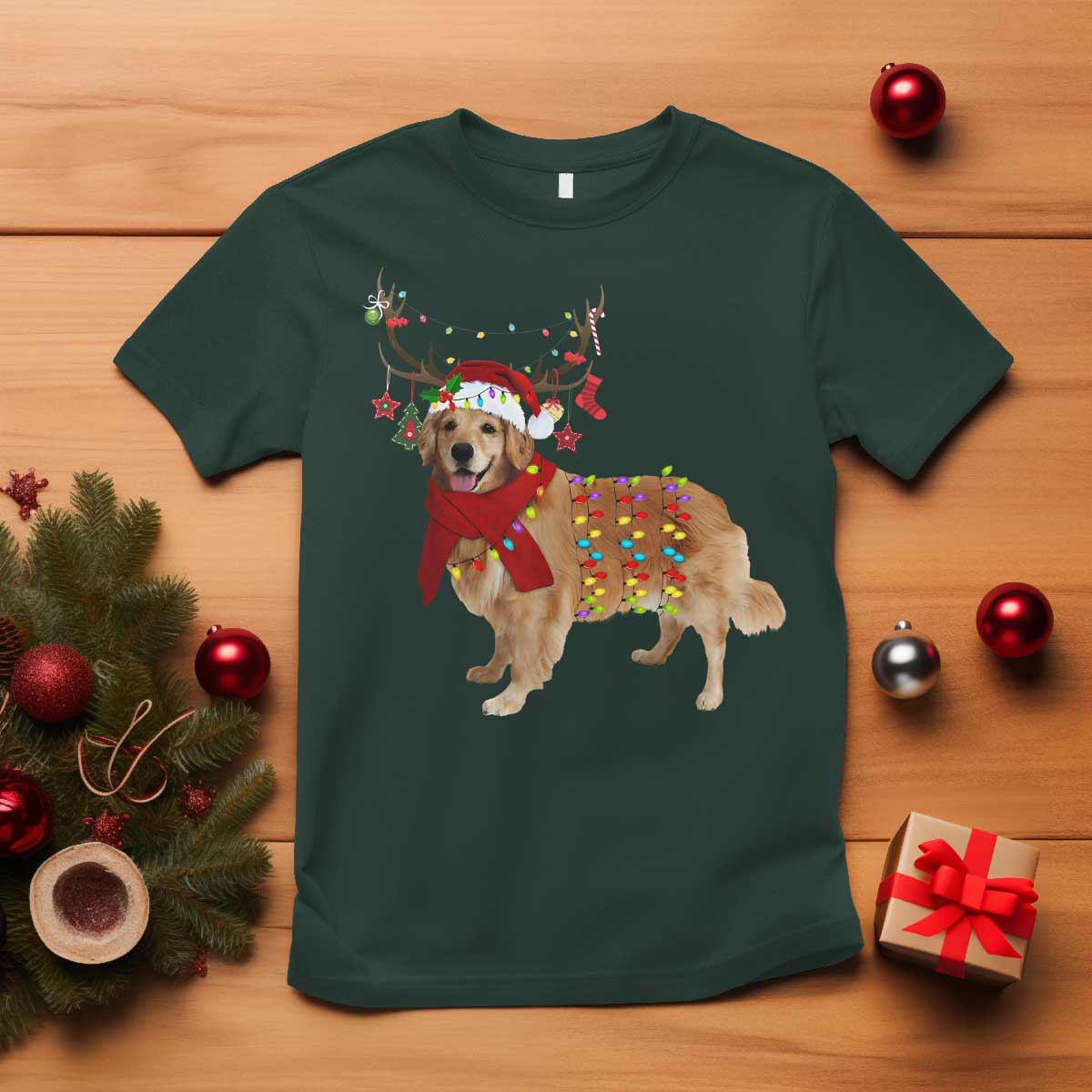 Golden Retriever Christmas T Shirt Gift for Dog Lover Happy New Year Xmas Lights - Wonder Print Shop